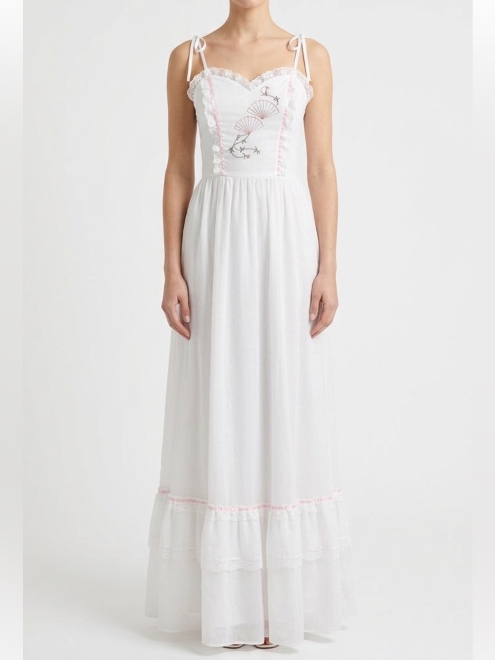 Candi Jones 70s Vintage Lace Cottage Prairie Maxi Slip Dress Size 7 Embroidered